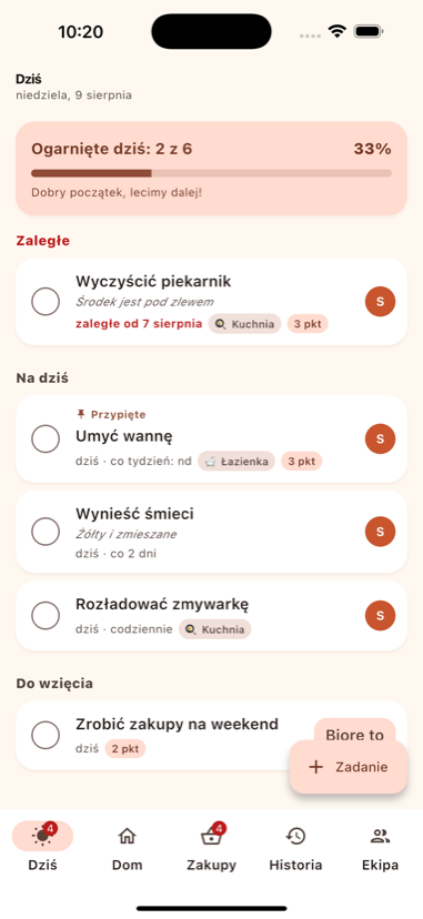 Ekran „Dziś” w aplikacji Zadomo: lista zadań na dzisiaj z paskiem postępu