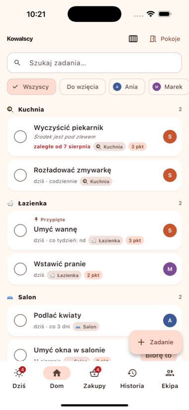 Ekran Dom: zadania pogrupowane pokojami