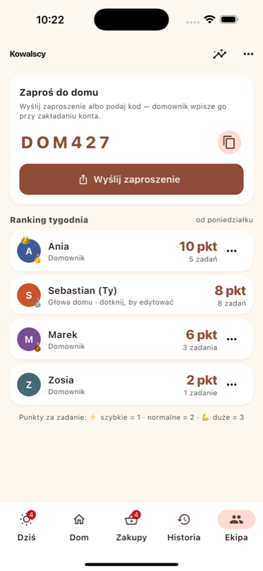 Ekipa: kod zaproszenia i ranking tygodnia