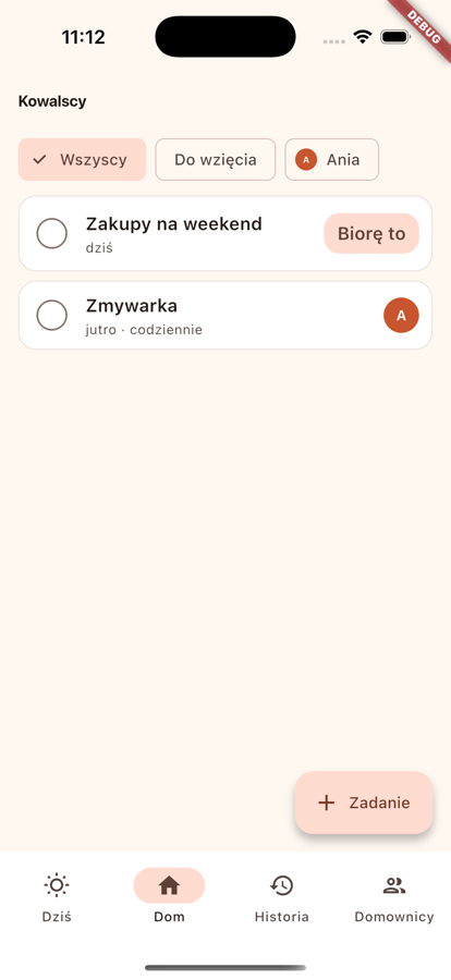 Ekran Dom z zadaniami pogrupowanymi pokojami